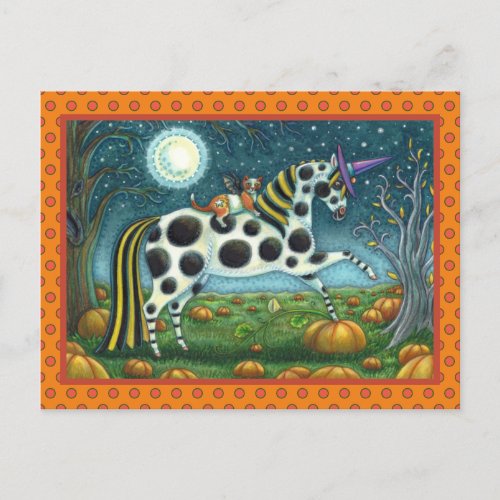 HALLOWEEN SPOTTED PONY  BAT CAT Whimsical Horse Postcard