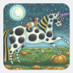 HALLOWEEN SPOTTED PONY & BAT CAT Whimsical Horse Square Sticker