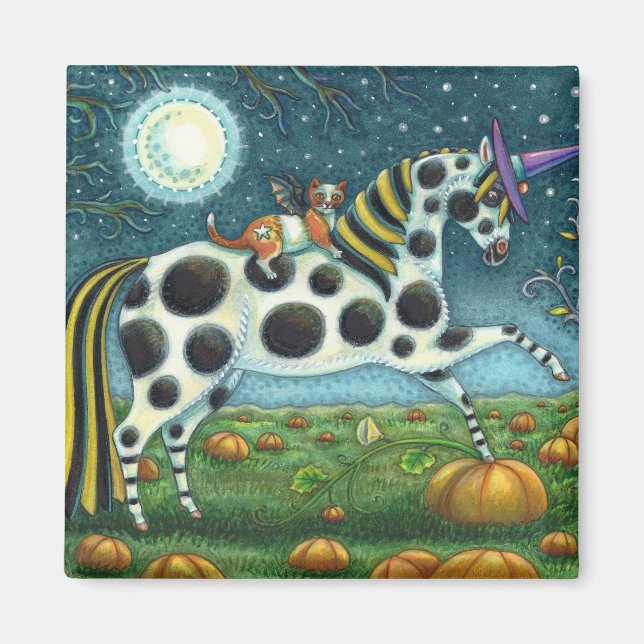 HALLOWEEN SPOTTED PONY & BAT CAT Whimsical Magnet (Front)