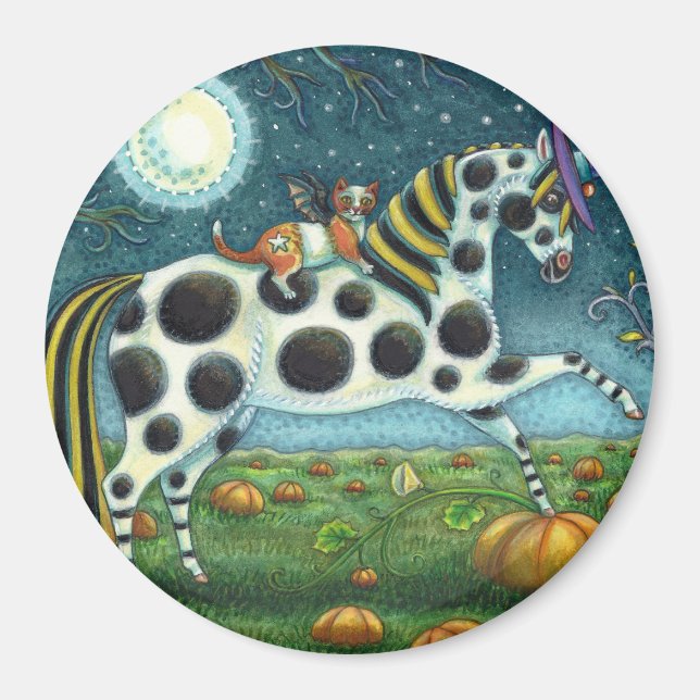 HALLOWEEN SPOTTED PONY & BAT CAT Whimsical Magnet (Front)