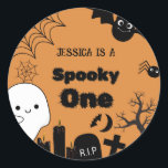 Halloween Sppoky One First Birthday party Classic Round Sticker<br><div class="desc">Halloween gift tag with one sticker!" This is perfect for an October birthday or a Halloween celebration. The template is ready for you to customize,  and you can find comparable items in my store under the scary Halloween collection.</div>