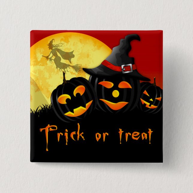 Halloween Square Button/Flying Witch and Pumpkins Button (Front)