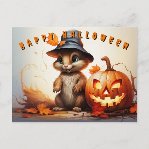 Halloween Squirrel In Cute Hat With Pumpkin Holiday Postcard
