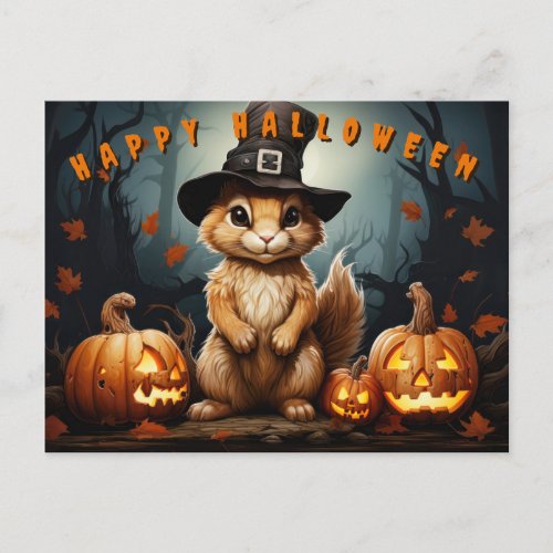 Halloween Squirrel In Witches Hat With Pumpkins Holiday Postcard