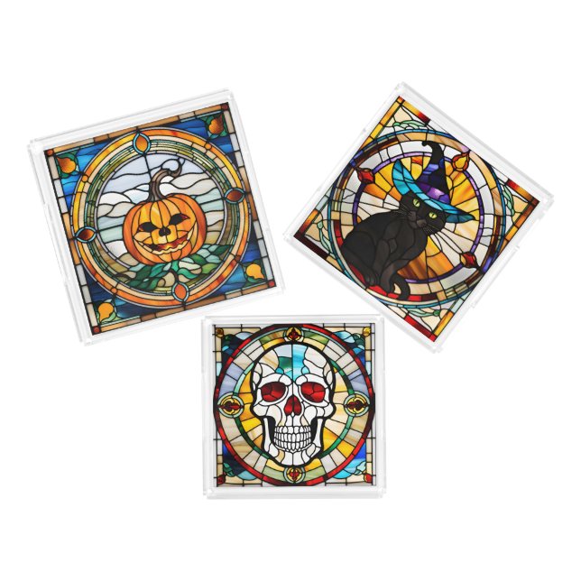 Halloween Stained Glass Pumpkin Black Cat Skull Acrylic Tray (Set)