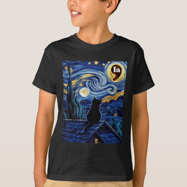 Halloween Starry Night Black Cat Comma La Kamala H T-Shirt (Front)