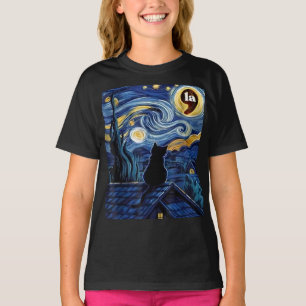Halloween Starry Night Black Cat Comma La Kamala T-Shirt
