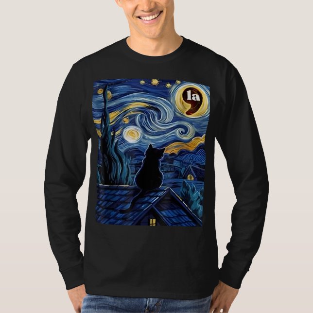 Halloween Starry Night Black Cat Comma La Kamala T-Shirt (Front)