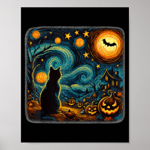 Halloween Starry Night Black Cat Pumpkins Art Men Poster