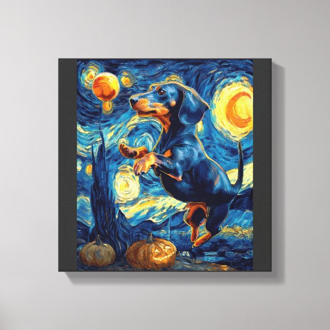 Halloween Starry Night Puppy Dachshund Canvas Print (Front)