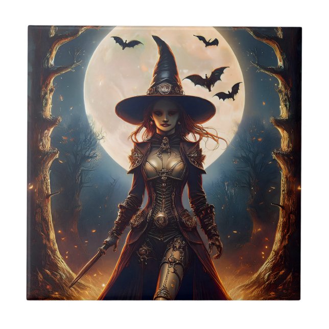 Halloween Steampunk Forest Witch Ceramic Tile (Front)