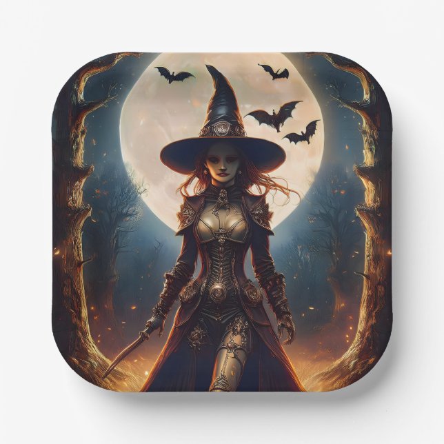 Halloween Steampunk Forest Witch Paper Plates (Front)