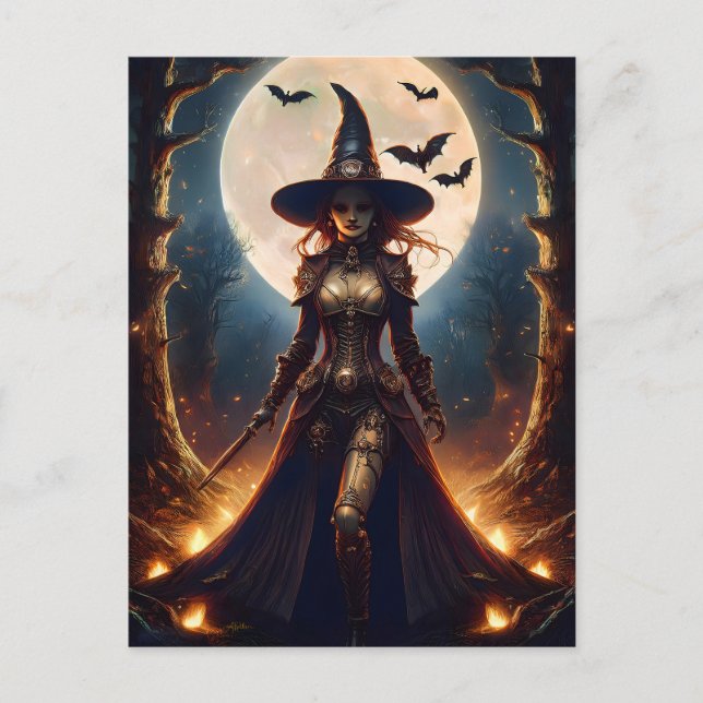 Halloween Steampunk Forest Witch Postcard (Front)