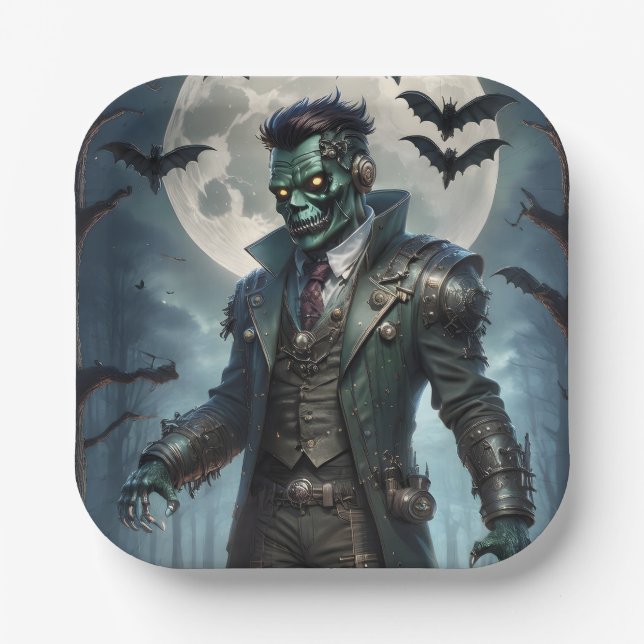 Halloween Steampunk Frankenstein's Monster Paper Plates (Front)