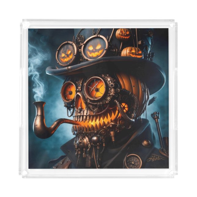 Halloween Steampunk Gothic Jack-O-Lantern Acrylic Tray (Front)
