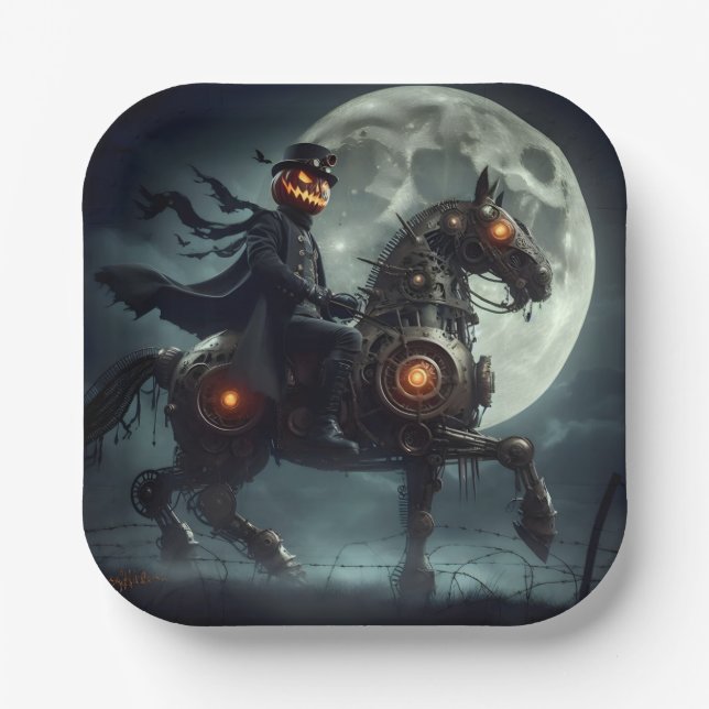 Halloween Steampunk Headless Horseman Paper Plates (Front)