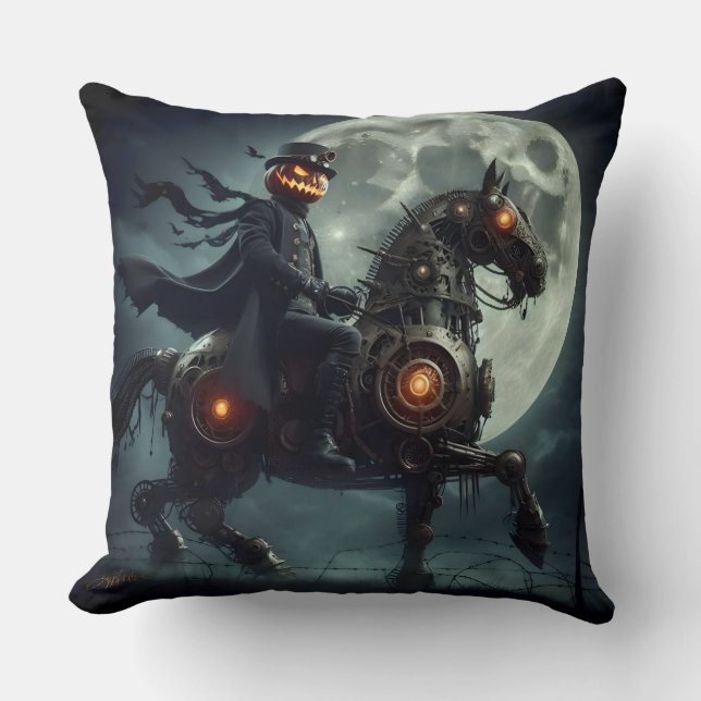 Halloween Steampunk Headless Horseman Throw Pillow (Front)