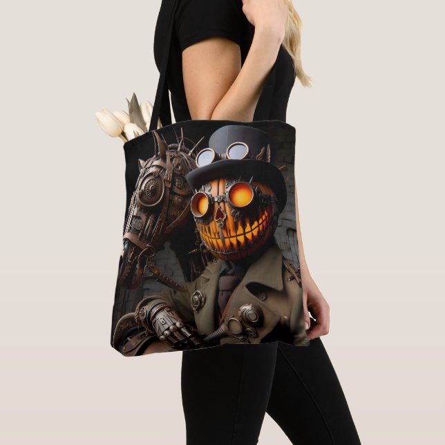 Halloween Steampunk Jack-O-Lantern Horseman Tote Bag (Close Up)