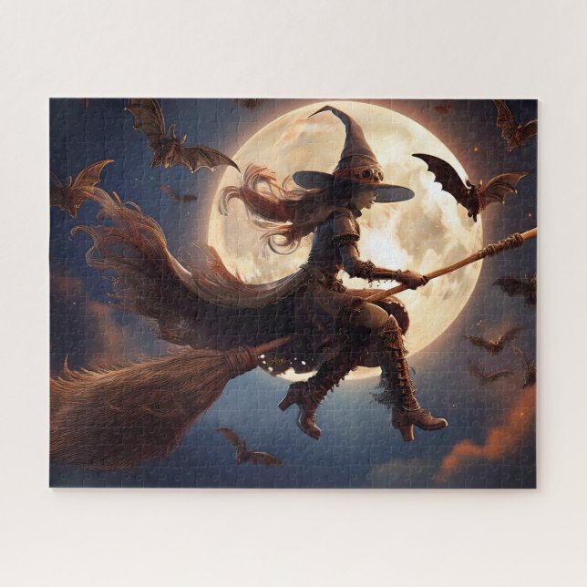 Halloween Steampunk Witch Moonlight Flight Jigsaw Puzzle (Horizontal)