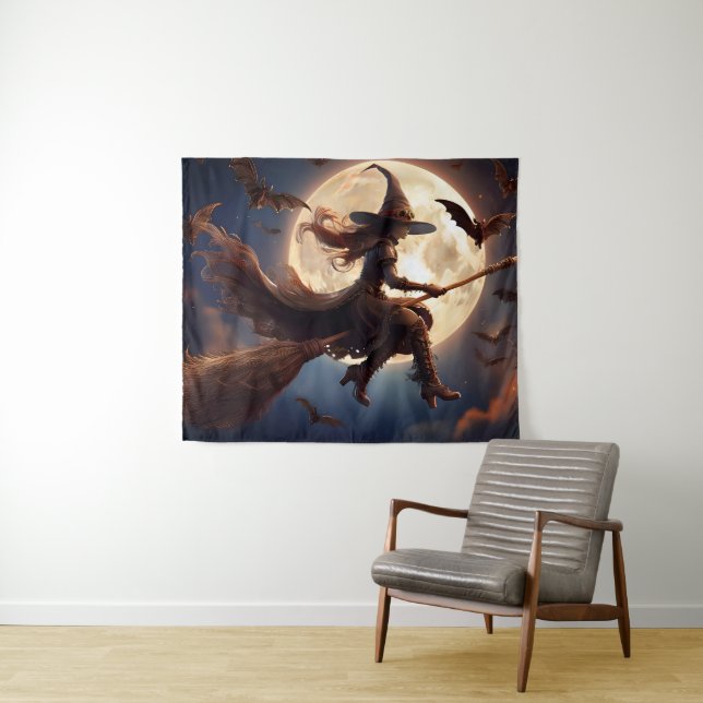 Halloween Steampunk Witch Moonlight Flight Tapestry (In Situ (Horizontal))