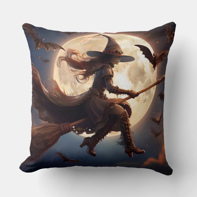 Halloween Steampunk Witch Moonlight Flight Throw Pillow (Front)
