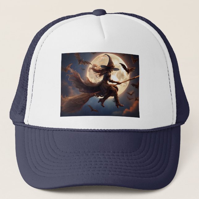 Halloween Steampunk Witch Moonlight Flight Trucker Hat (Front)