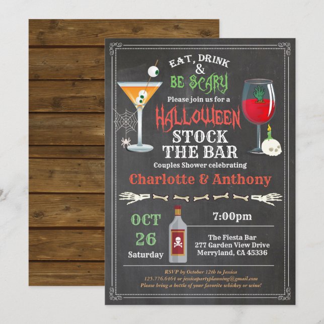 Halloween stock the bar couples shower chalkboard invitation (Front/Back)