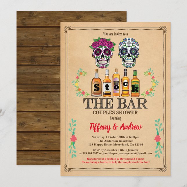Halloween Stock The Bar invitation sugar skulls (Front/Back)