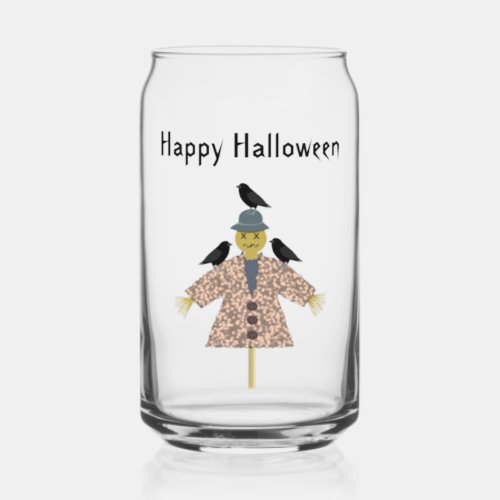 Halloween Straw Scarecrow and Ravens Custom Can Glass