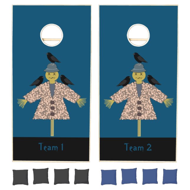 Halloween Straw Scarecrow and Ravens Custom Cornhole Set (Set)