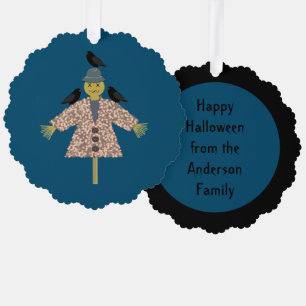 Halloween Straw Scarecrow and Ravens Custom Ornament Card