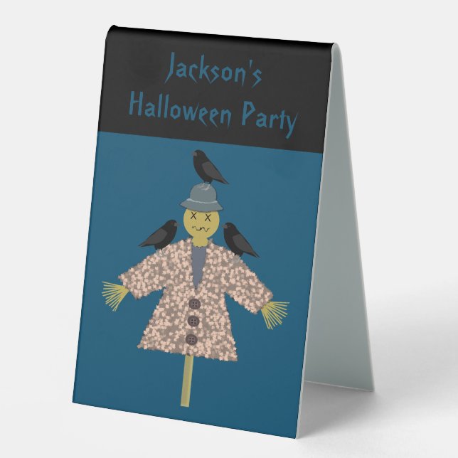 Halloween Straw Scarecrow and Ravens Custom Party Table Tent (Front)