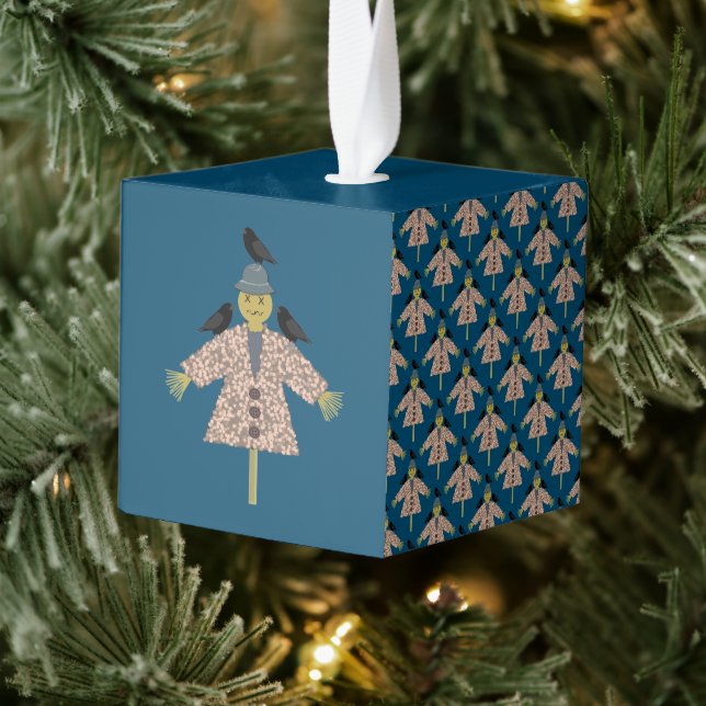 Halloween Straw Scarecrow and Ravens Patterned Cube Ornament (Tree)