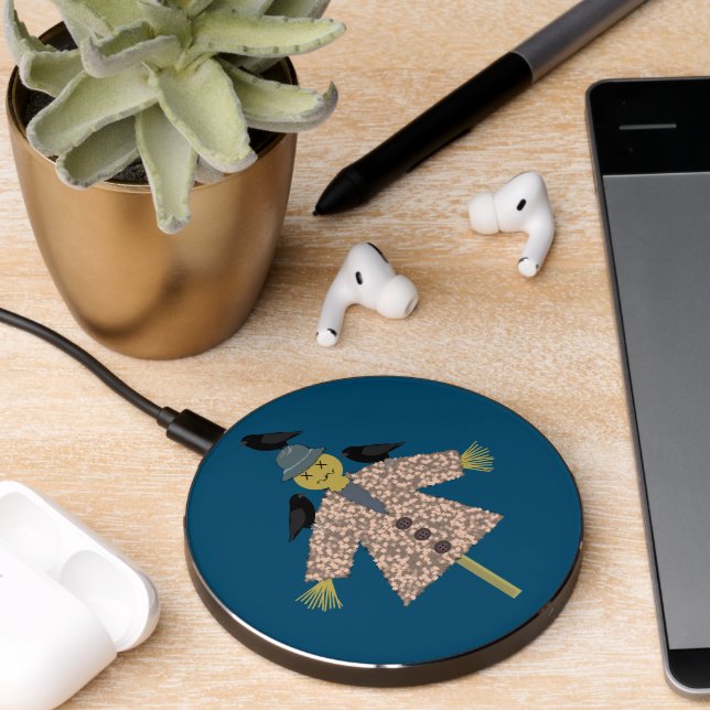 Halloween Straw Scarecrow and Ravens Wireless Charger (Desk 2)