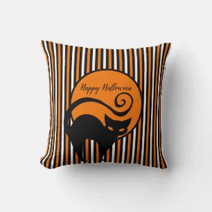 Halloween Stripes and Cat Throw Pillow