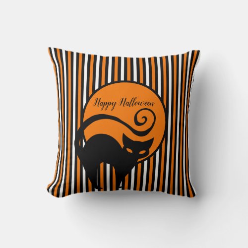 Halloween Stripes and Cat Throw Pillow