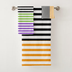 Halloween Stripes Purple Green Black Orange Bath Towel Set