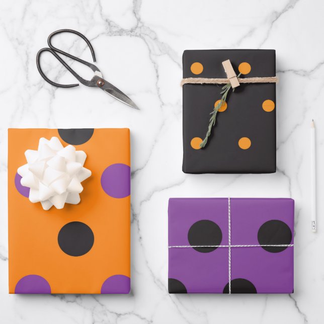 Halloween Style Polka Dot Purple Black Orange Fun  Wrapping Paper Sheets (Front)