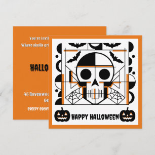 Halloween-style skull, bats, spider webs invitation