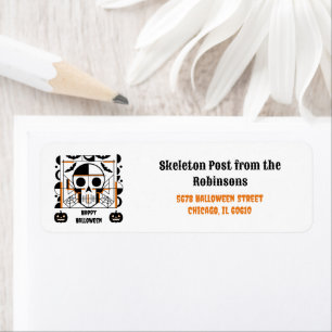 Halloween-style skull, bats, spider webs label