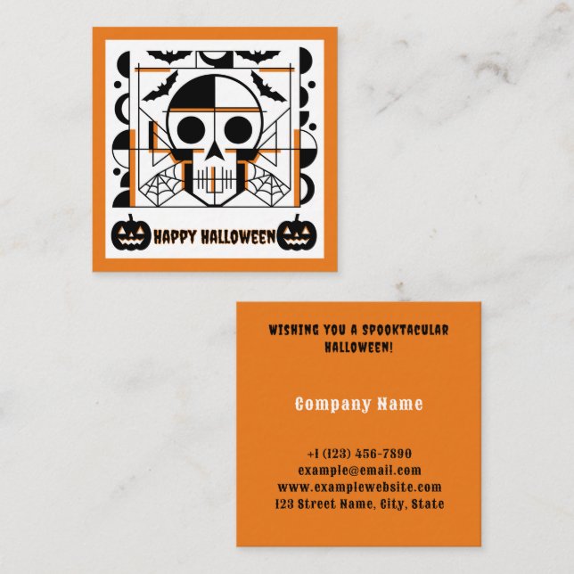 Halloween-style skull, bats, spider webs square business card (Front/Back)