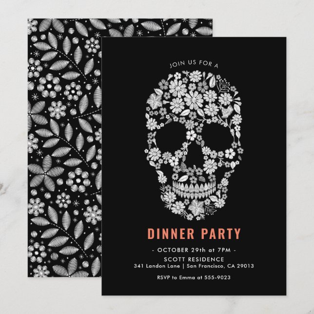 Halloween Sugar Skull Black Floral Dinner Party Invitation (Front/Back)
