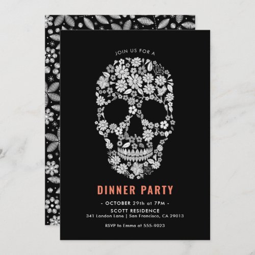 Halloween Sugar Skull Black Floral Dinner Party Invitation