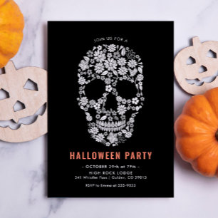 Halloween Sugar Skull Black Floral Invitation