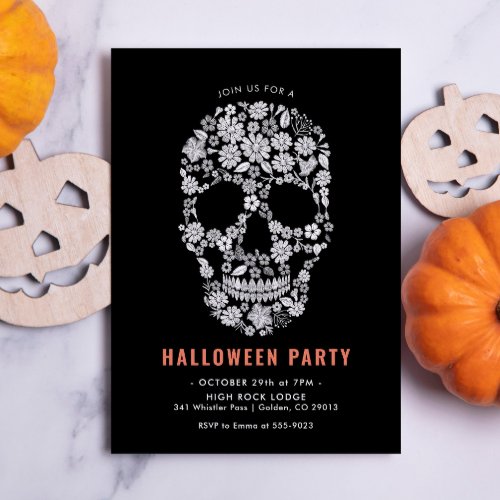Halloween Sugar Skull Black Floral Invitation
