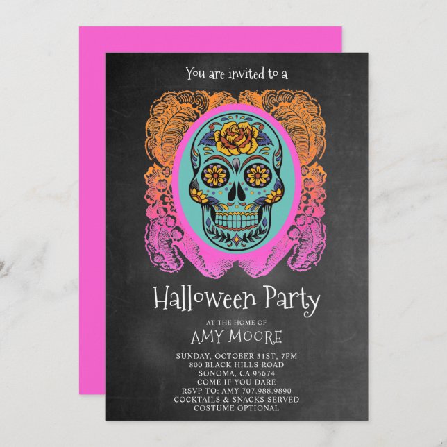 Halloween Sugar Skull Chalkboard Party Invitation (Front/Back)