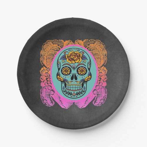 Halloween Sugar Skull Chalkboard Party Invitation Paper Plates