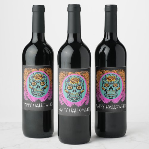 Halloween Sugar Skull Chalkboard Party Wine Label