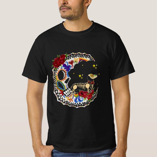 Halloween Sugar Skull Dachshund and Moon gift T-Shirt (Front)