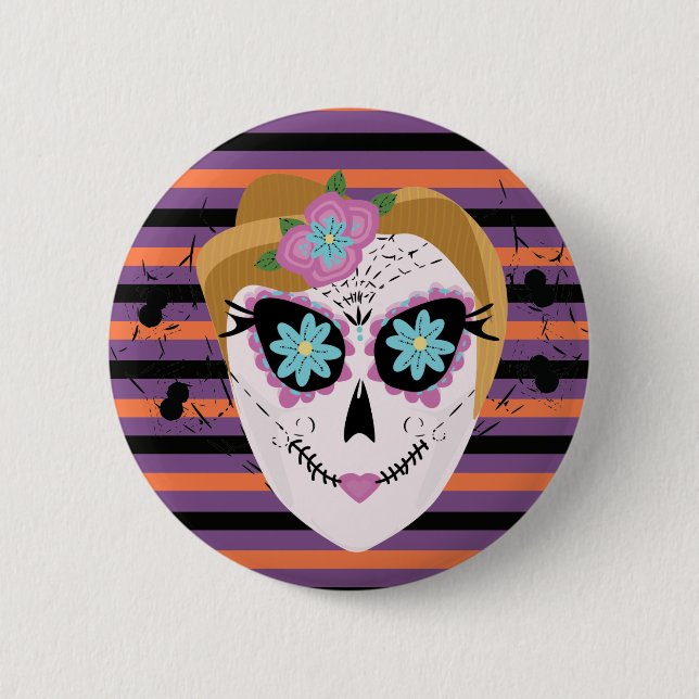 Halloween Sugar Skull Dias De Los Muertos Button (Front)